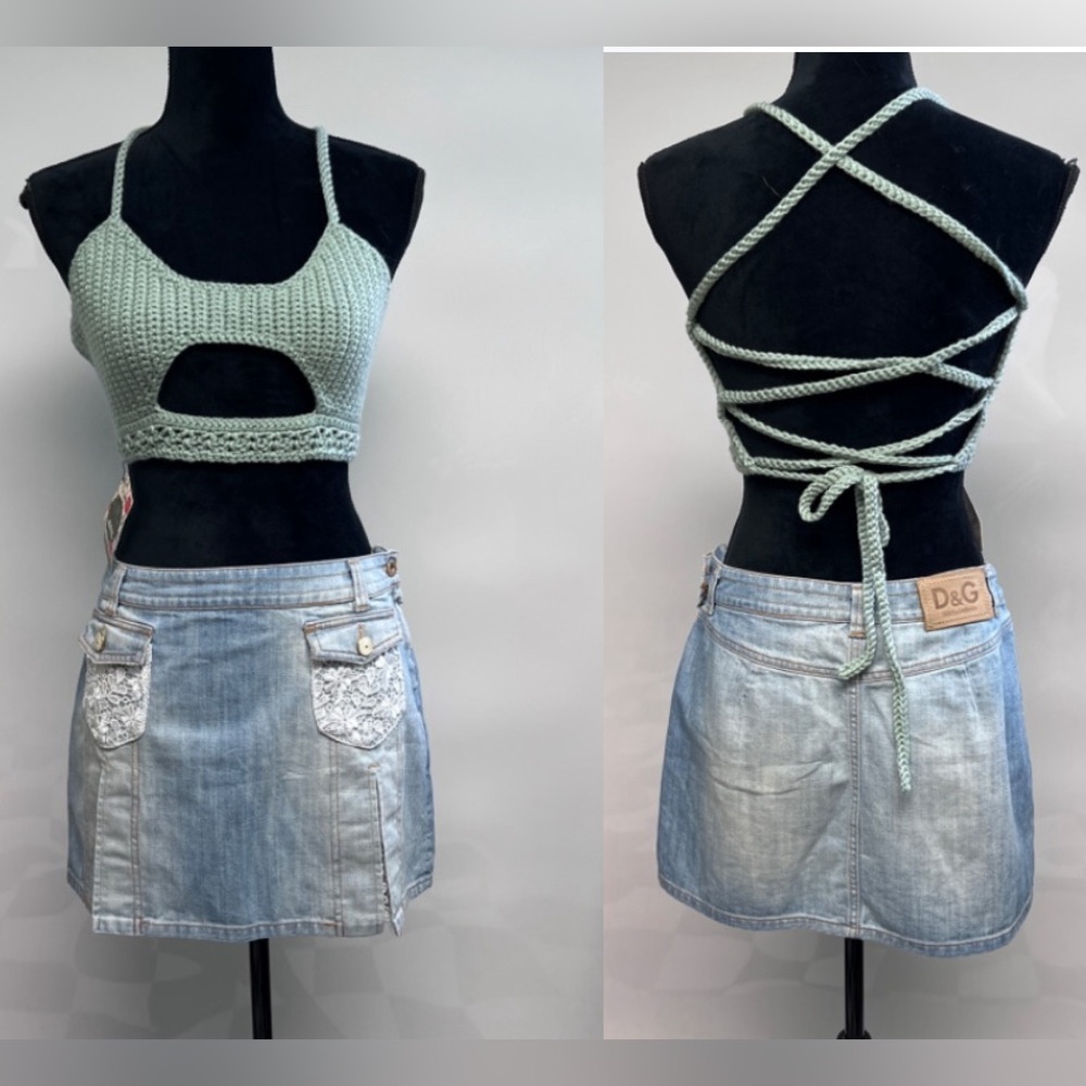 Crochet Halter Top Handmade crop top Large Lace Up Back Hippie Boho Festival 40C